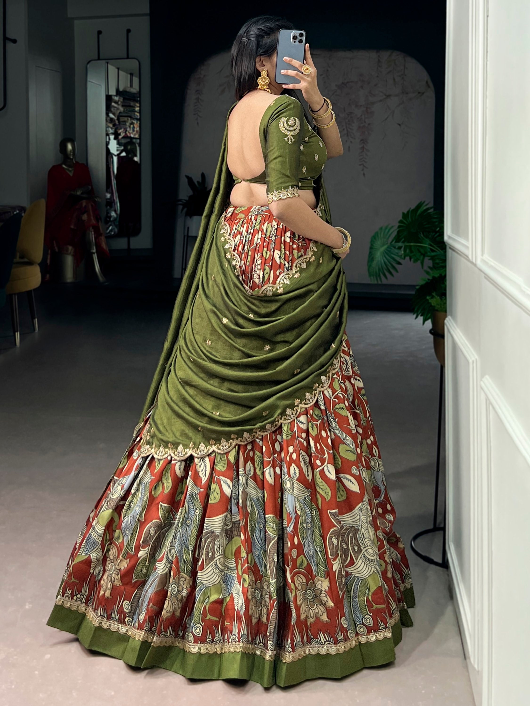 Dazzling Rust Orange Kalamkari Printed Silk Half Saree Lehenga