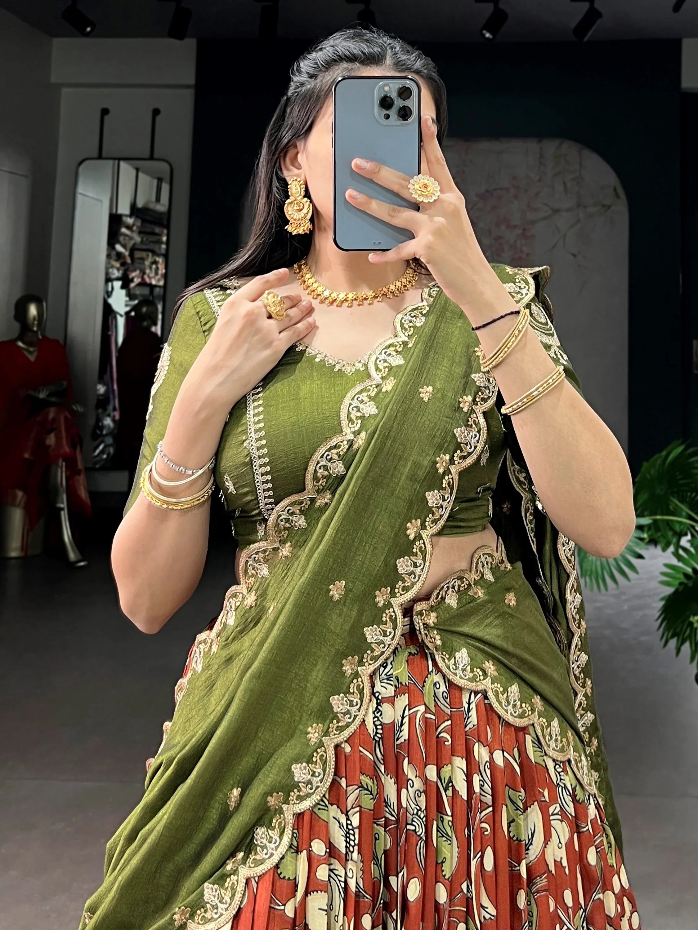 Dazzling Rust Orange Kalamkari Printed Silk Half Saree Lehenga