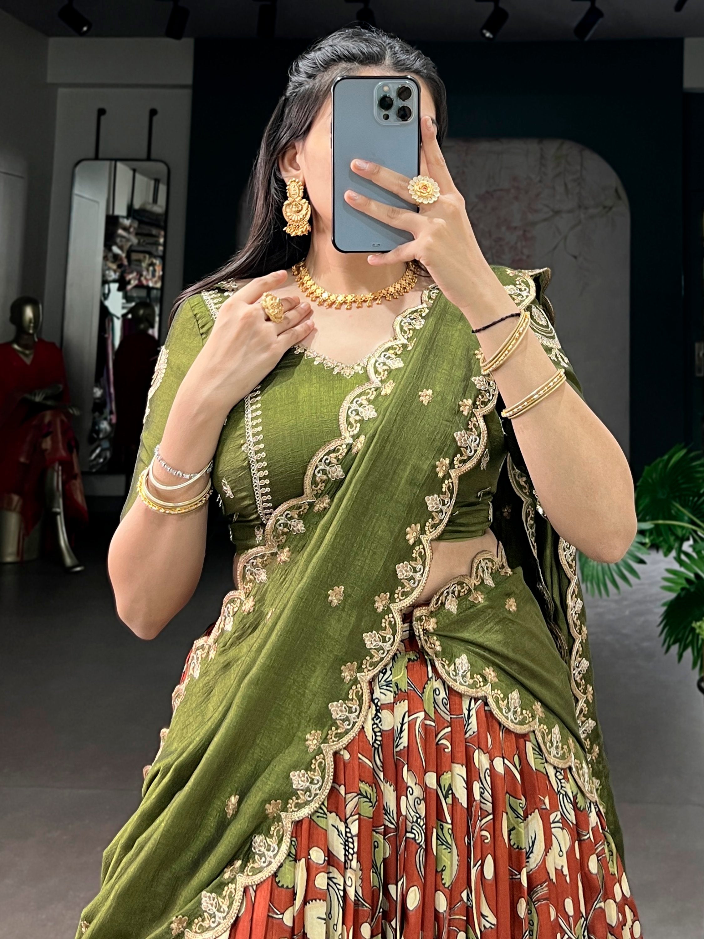 Dazzling Rust Orange Kalamkari Printed Silk Half Saree Lehenga