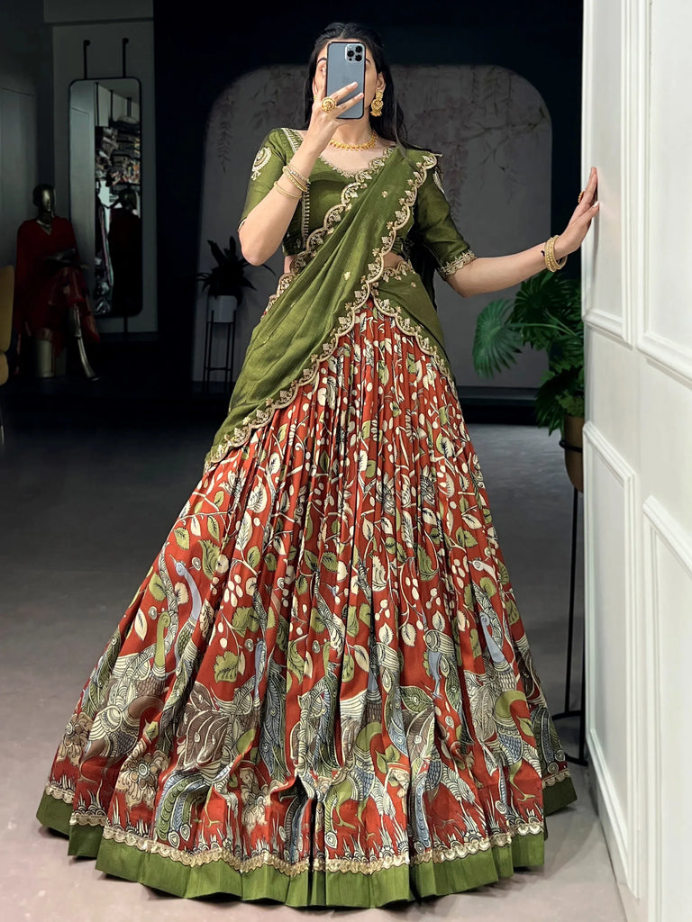 Dazzling Rust Orange Kalamkari Printed Silk Half Saree Lehenga
