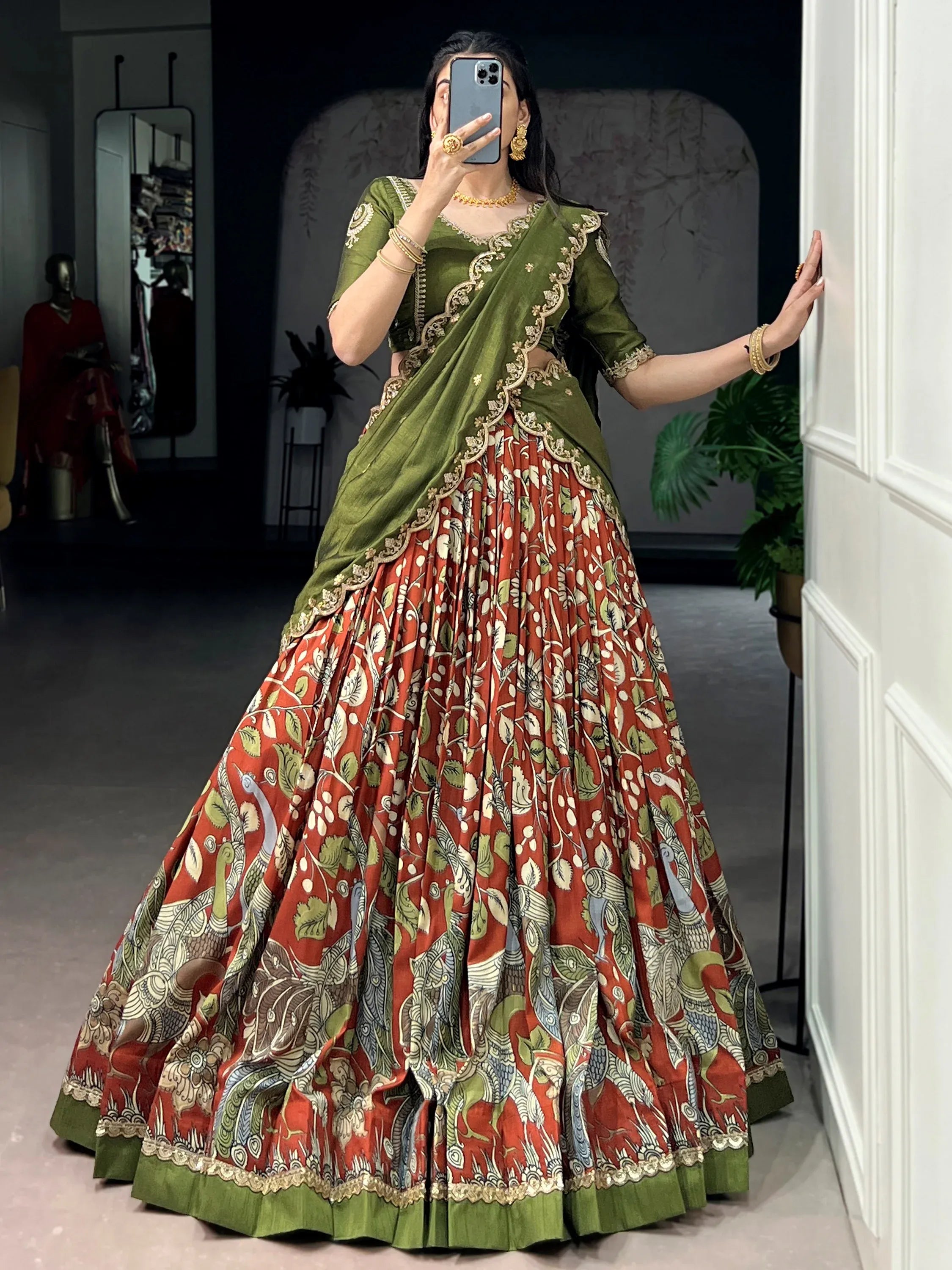 Dazzling Rust Orange Kalamkari Printed Silk Half Saree Lehenga