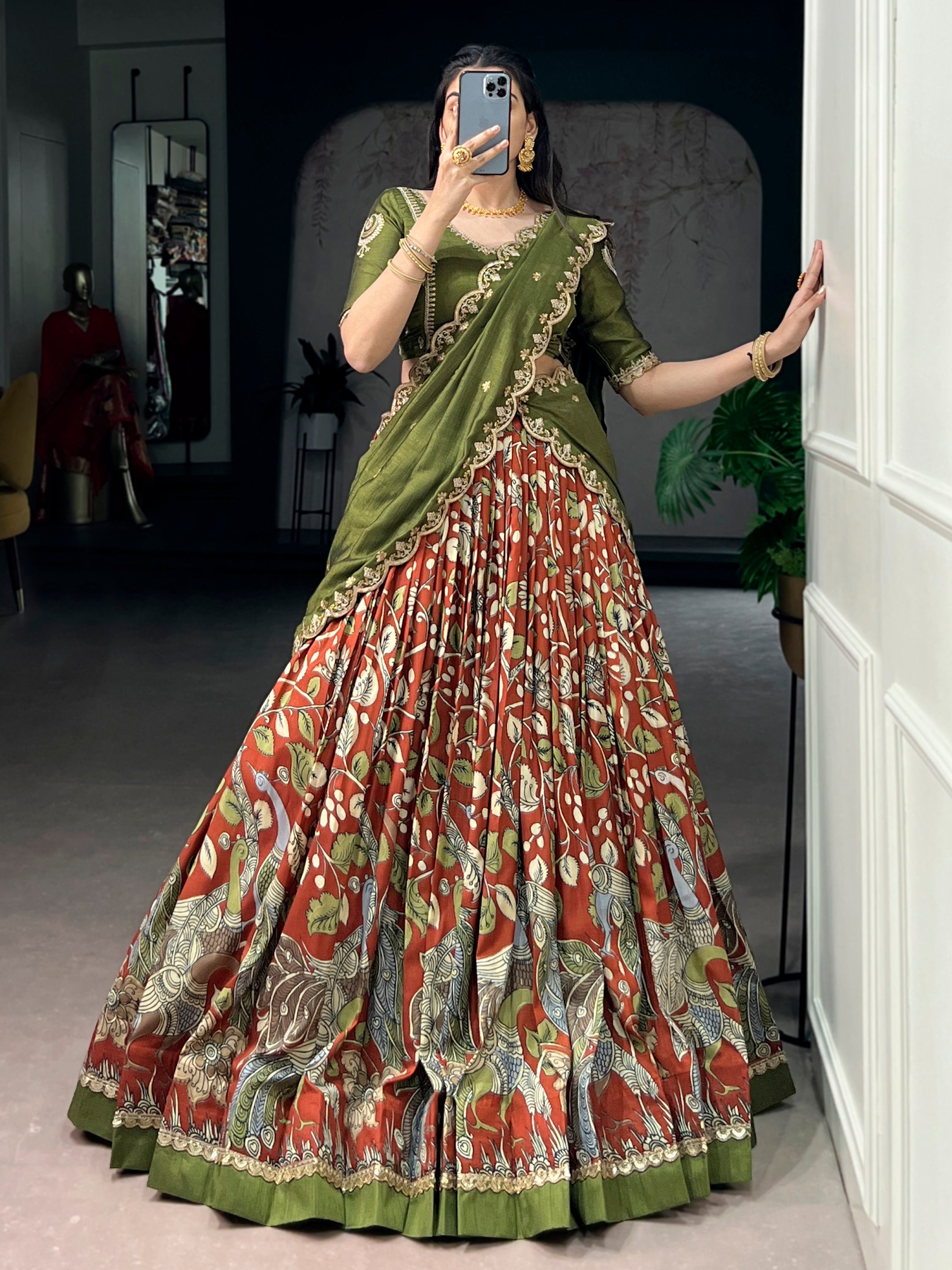 Dazzling Rust Orange Kalamkari Printed Silk Half Saree Lehenga