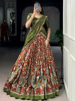 Dazzling Rust Orange Kalamkari Printed Silk Half Saree Lehenga