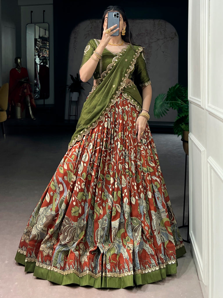 Dazzling Rust Orange Kalamkari Printed Silk Half Saree Lehenga