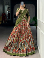 Dazzling Rust Orange Kalamkari Printed Silk Half Saree Lehenga