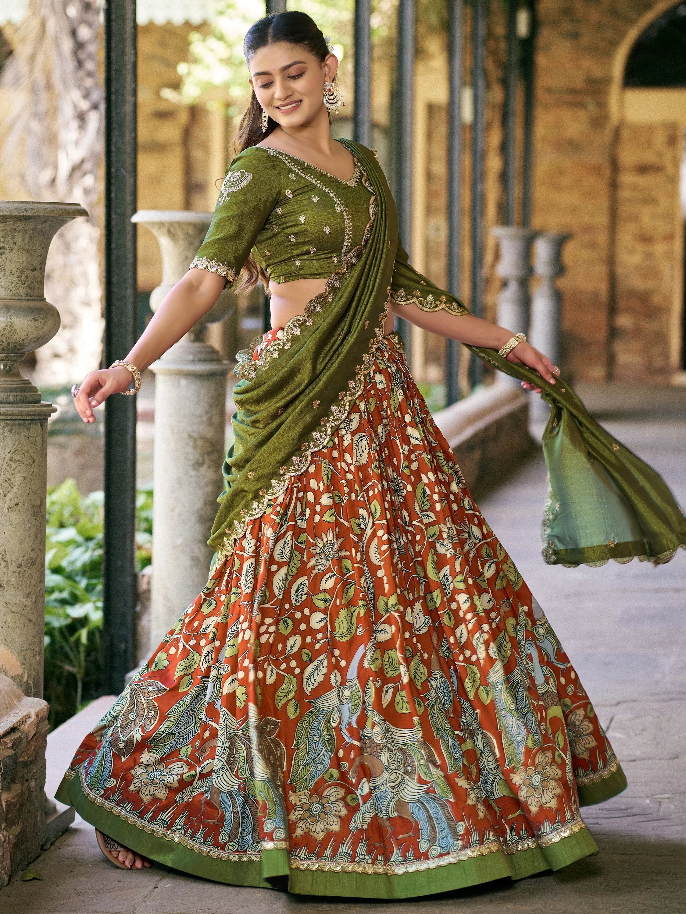 Rich Rust Orange Kalamkari Print Silk Marriage Wear Half Saree Lehenga