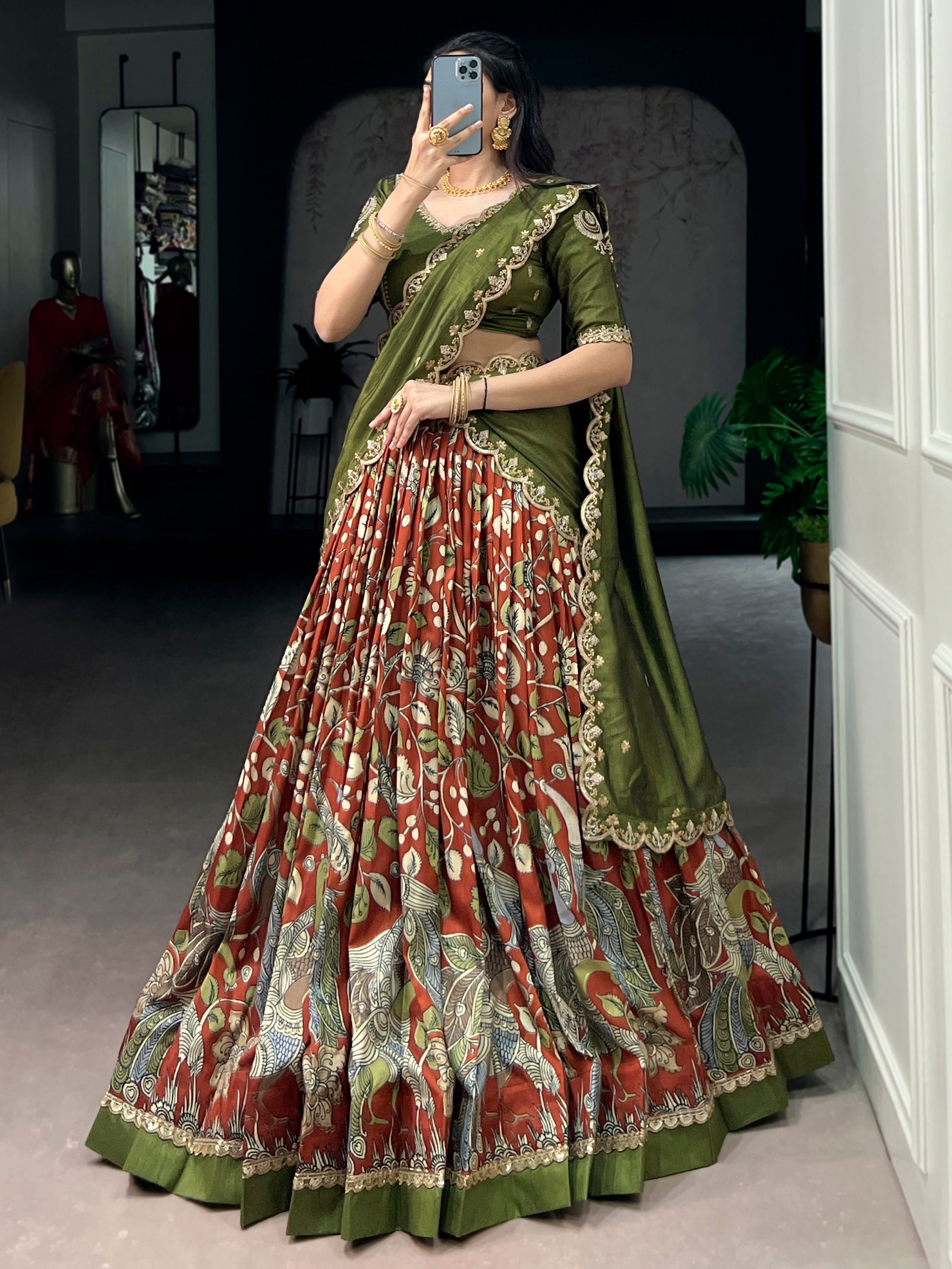 Dazzling Rust Orange Kalamkari Printed Silk Half Saree Lehenga