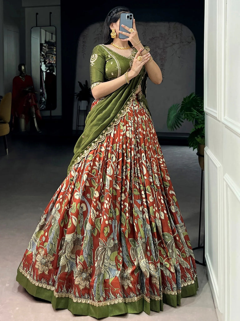 Dazzling Rust Orange Kalamkari Printed Silk Half Saree Lehenga