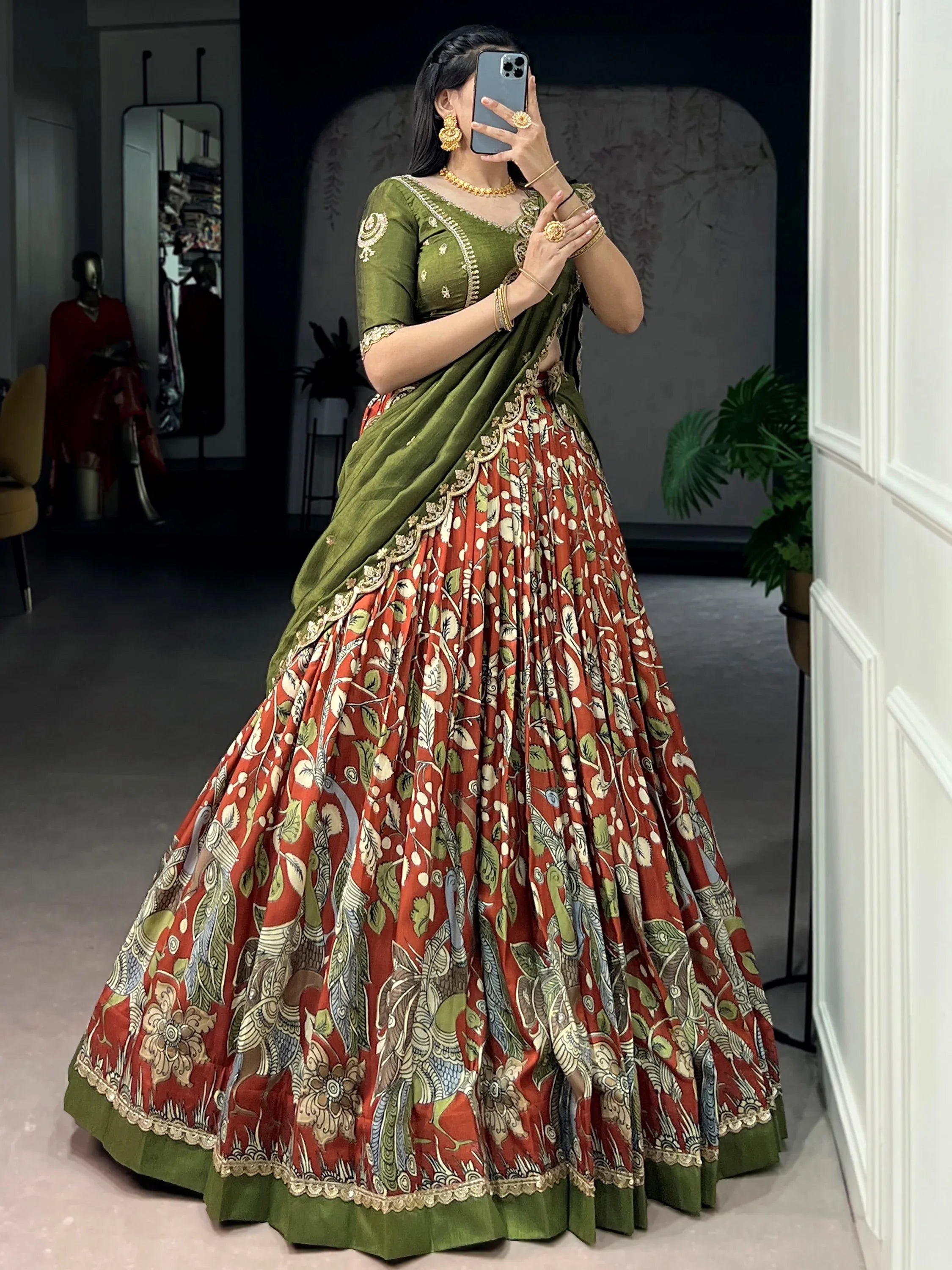 Dazzling Rust Orange Kalamkari Printed Silk Half Saree Lehenga