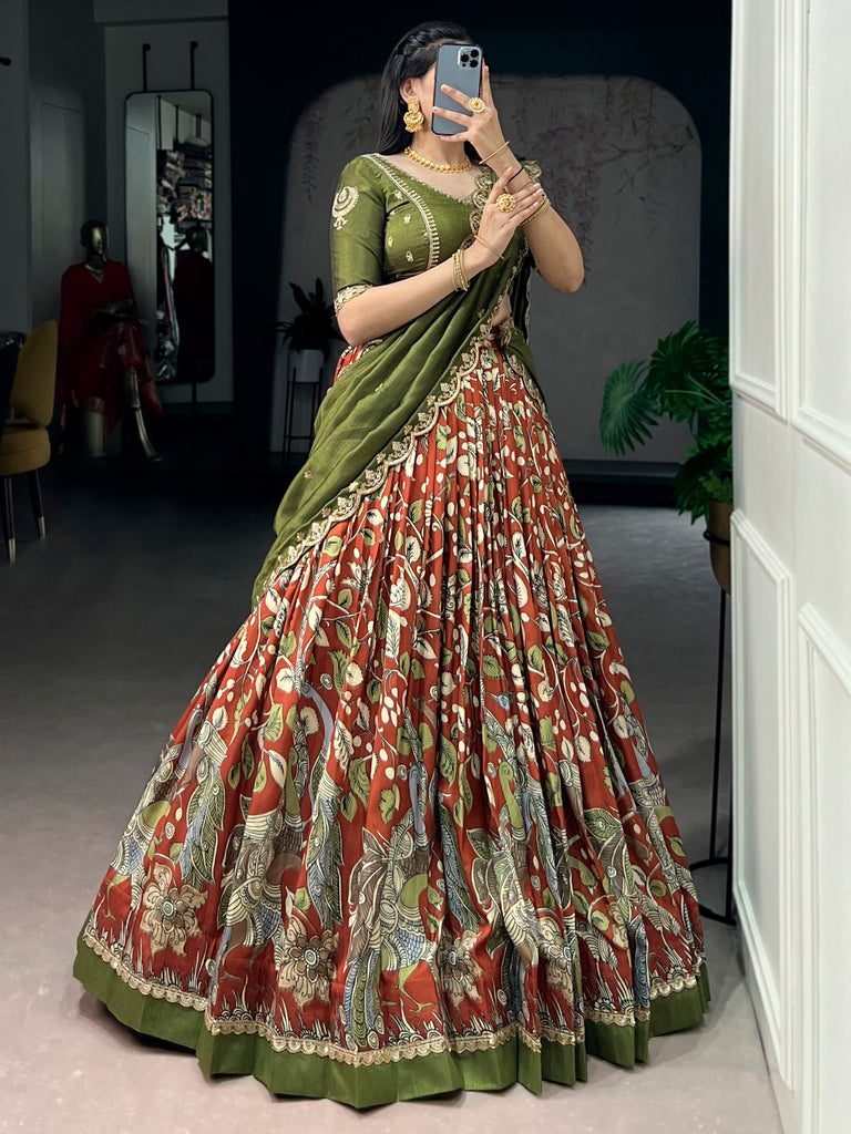 Dazzling Rust Orange Kalamkari Printed Silk Half Saree Lehenga