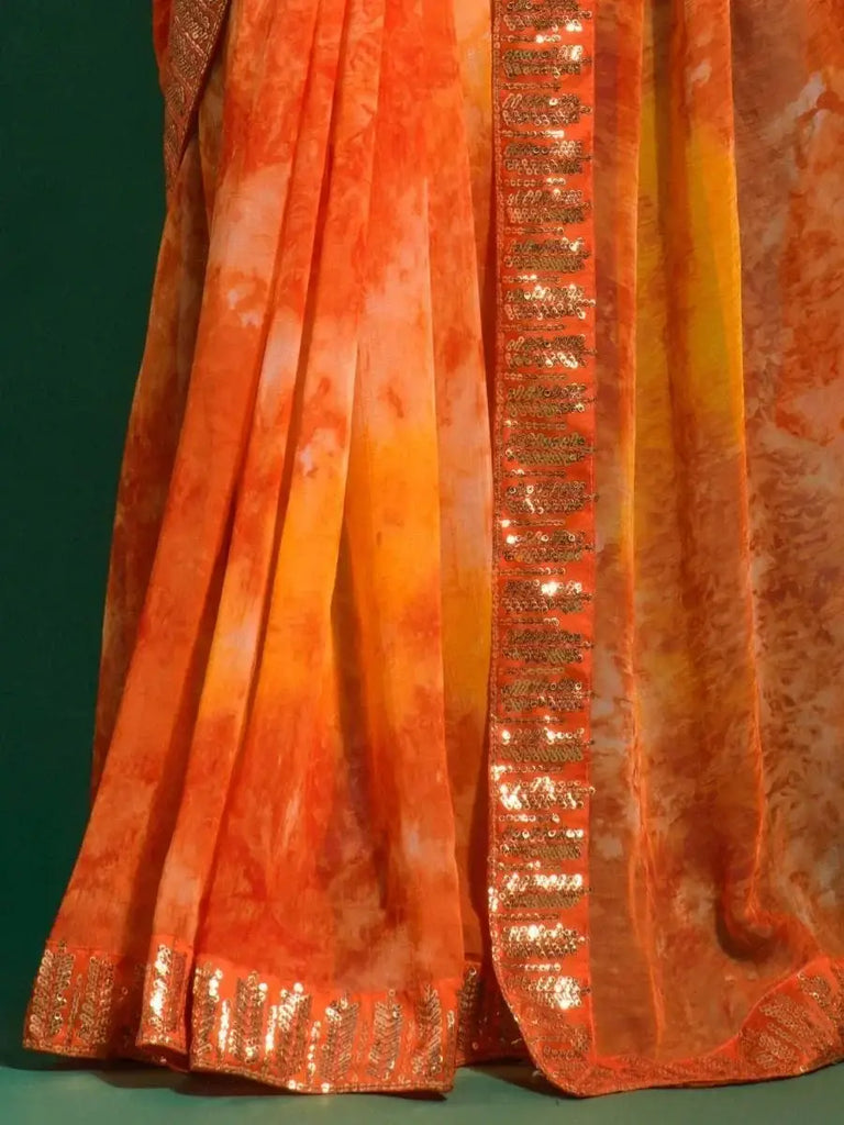 Magnificent Orange Sequins Border Chiffon Saree With Blouse