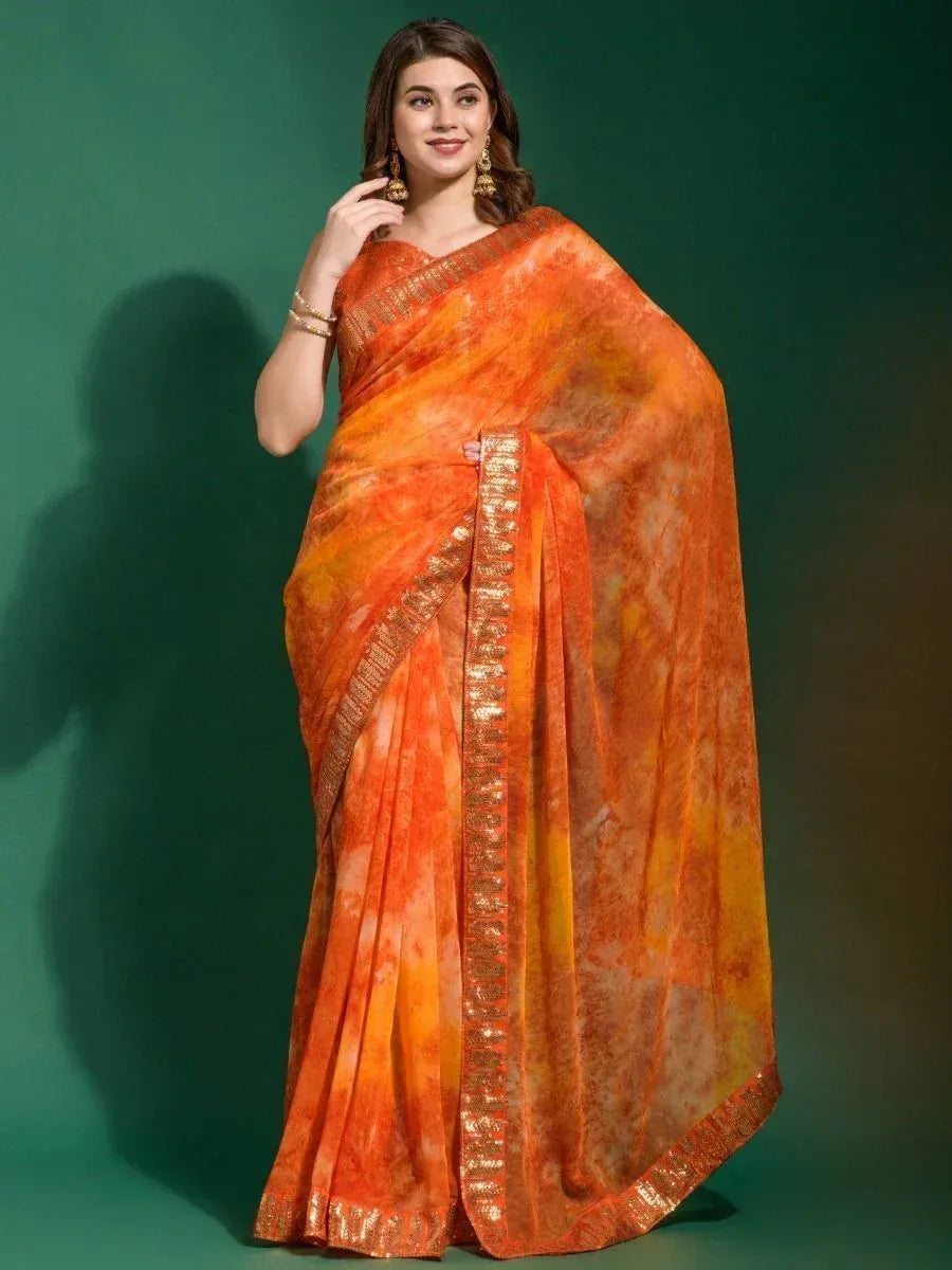 Orange tie-dye saree with gold border, Indian ethnic wear for women