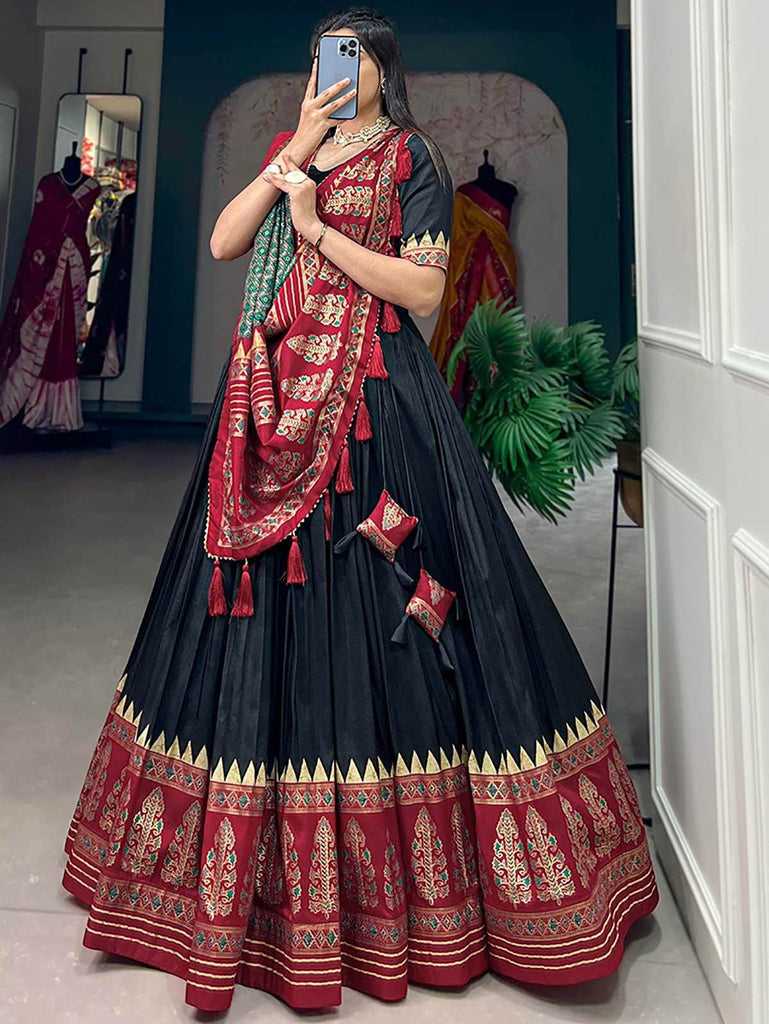 Beautiful Black Foil Work Silk Navaratri Wear Lehenga Choli With Dupatta