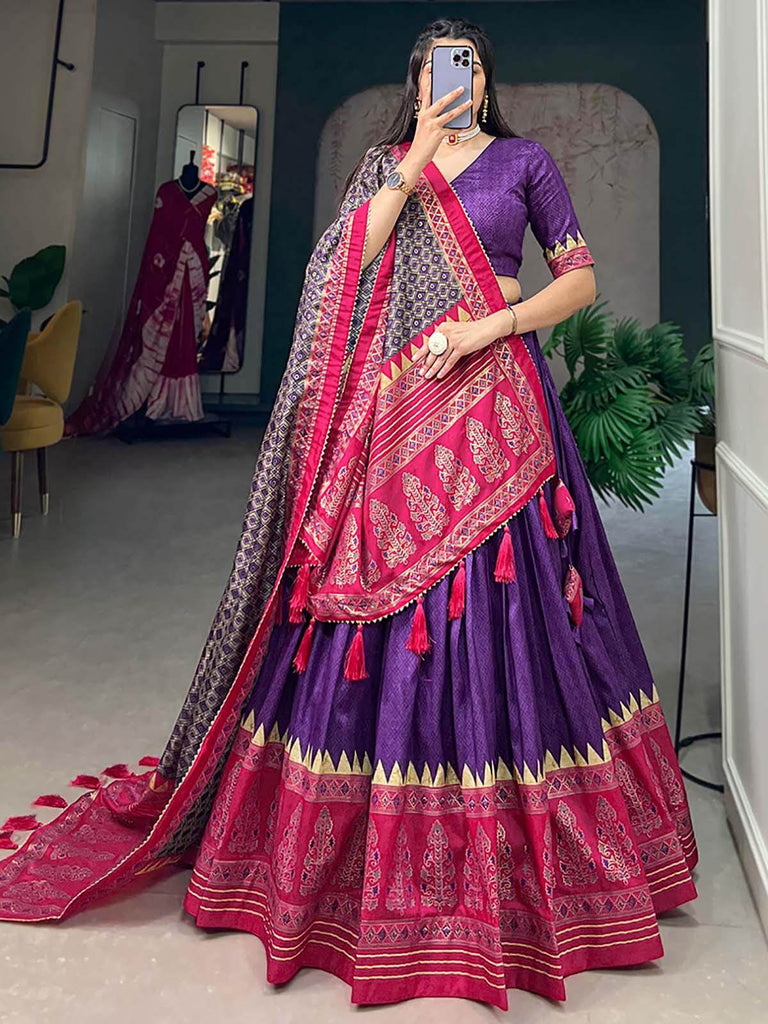Stunning Purple Foil Work Silk Traditional Lehenga Choli With Dupatta