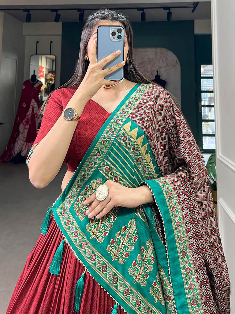 Marvelous Red Foil Work Tussar Silk Lehenga Choli With Dupatta