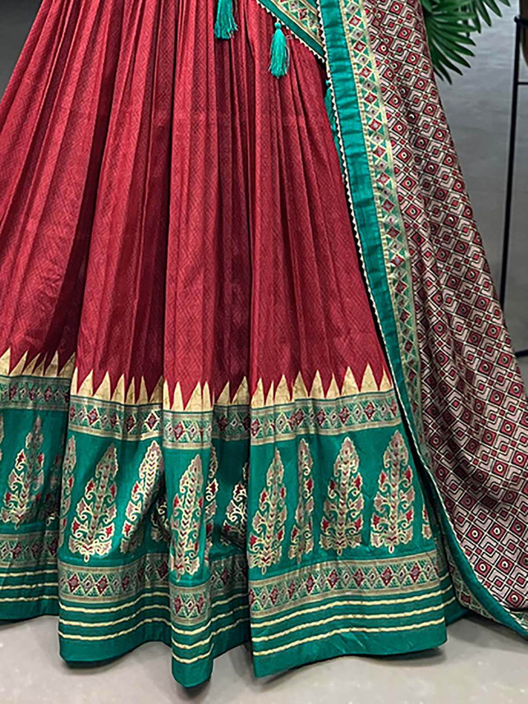 Marvelous Red Foil Work Tussar Silk Lehenga Choli With Dupatta