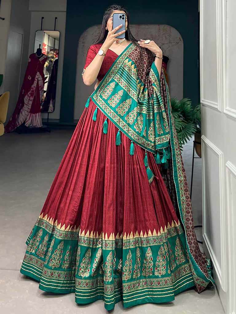 Marvelous Red Foil Work Tussar Silk Lehenga Choli With Dupatta