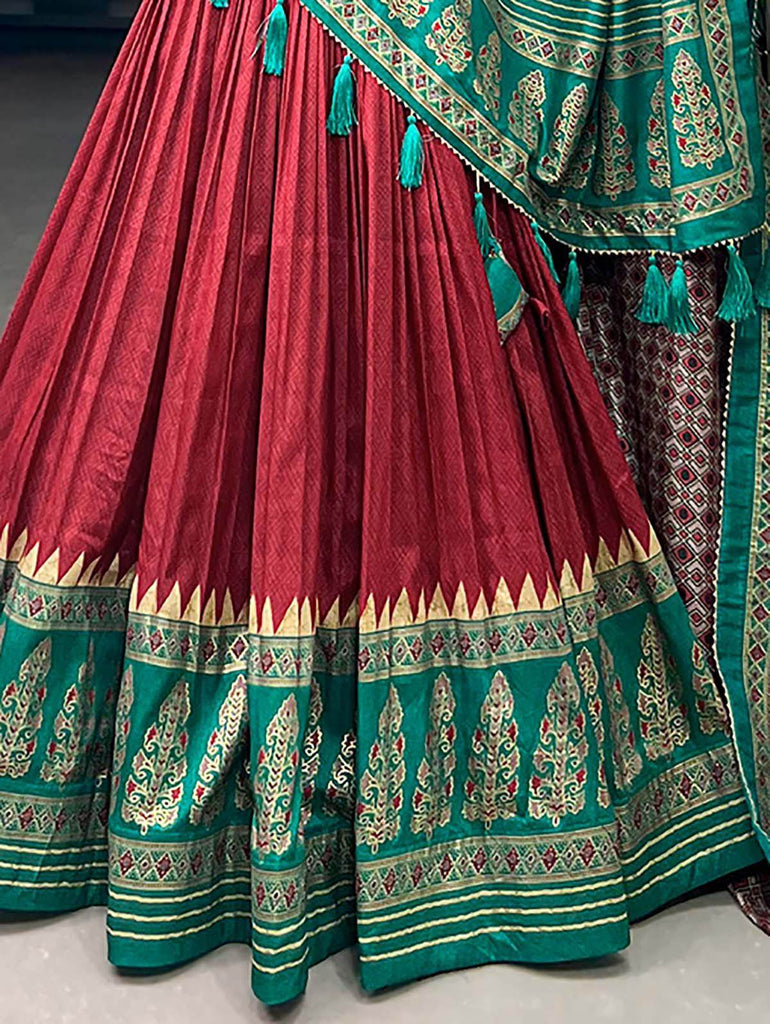 Marvelous Red Foil Work Tussar Silk Lehenga Choli With Dupatta