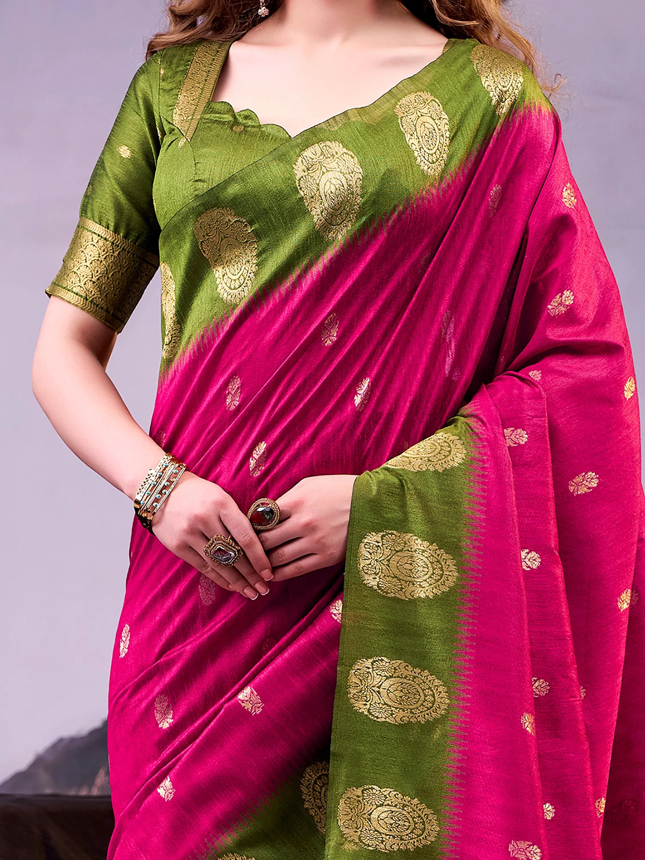 Rich Rani Pink Zari Weaving Cotton Event Wear Saree With Blouse