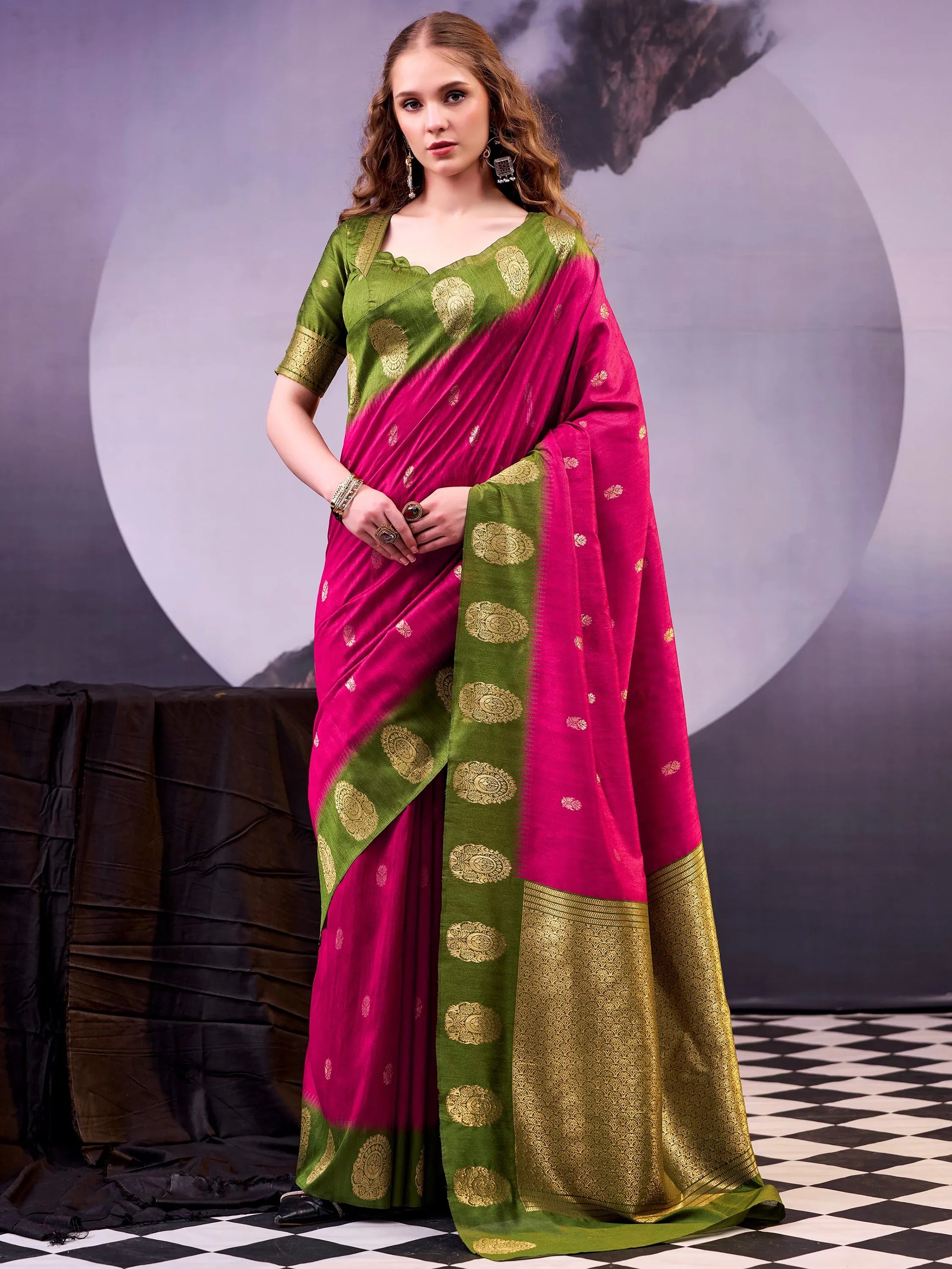 Rich Rani Pink Zari Weaving Cotton Event Wear Saree With Blouse
