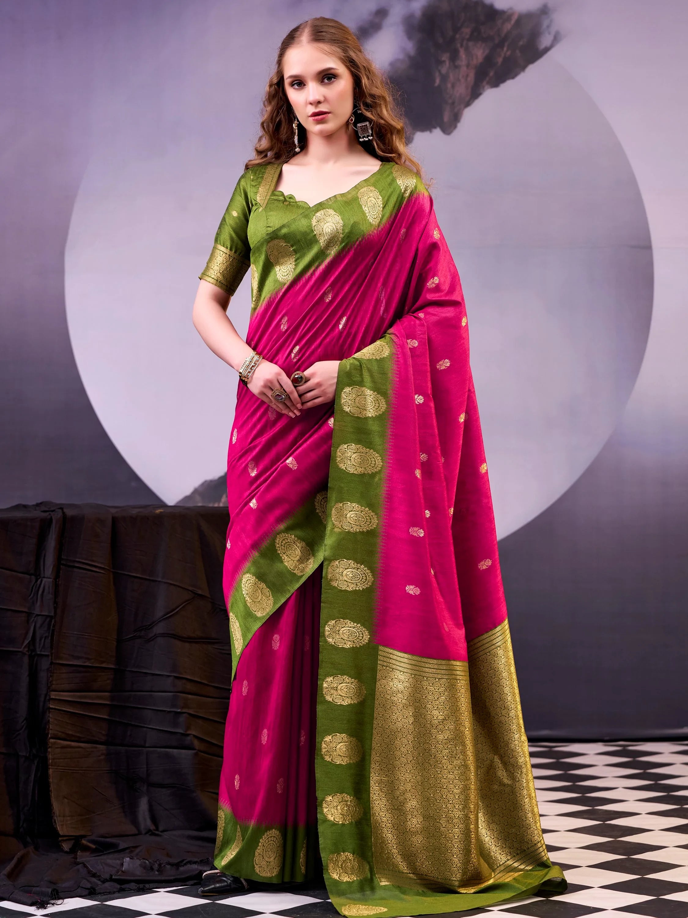 Rich Rani Pink Zari Weaving Cotton Event Wear Saree With Blouse