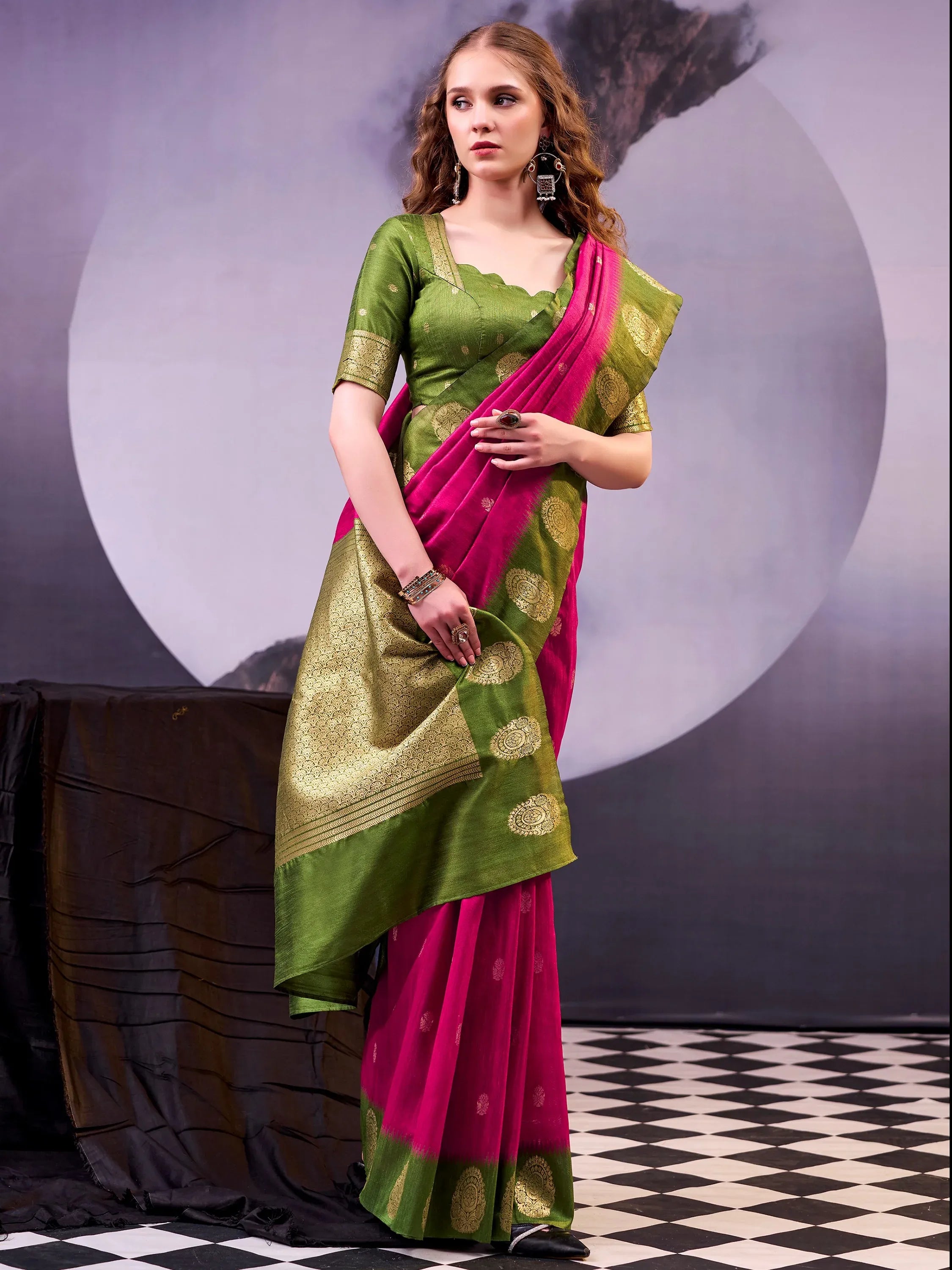 Rich Rani Pink Zari Weaving Cotton Event Wear Saree With Blouse