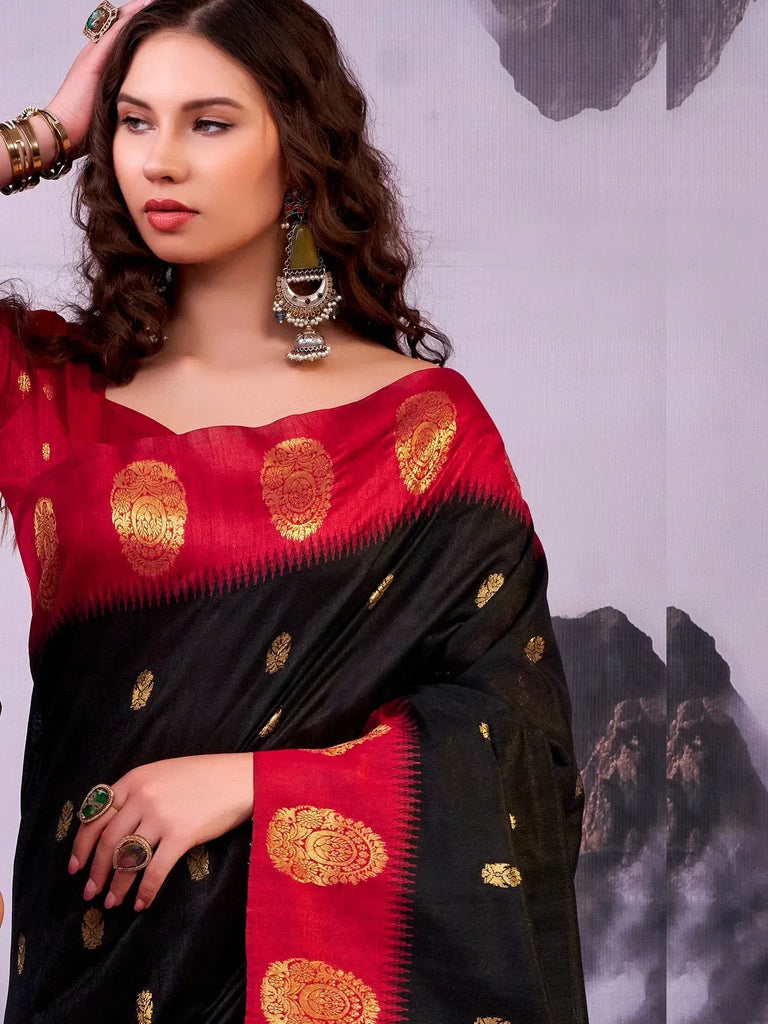 Delicate Black Zari Weaving Cotton Evening Wear Saree With Blouse