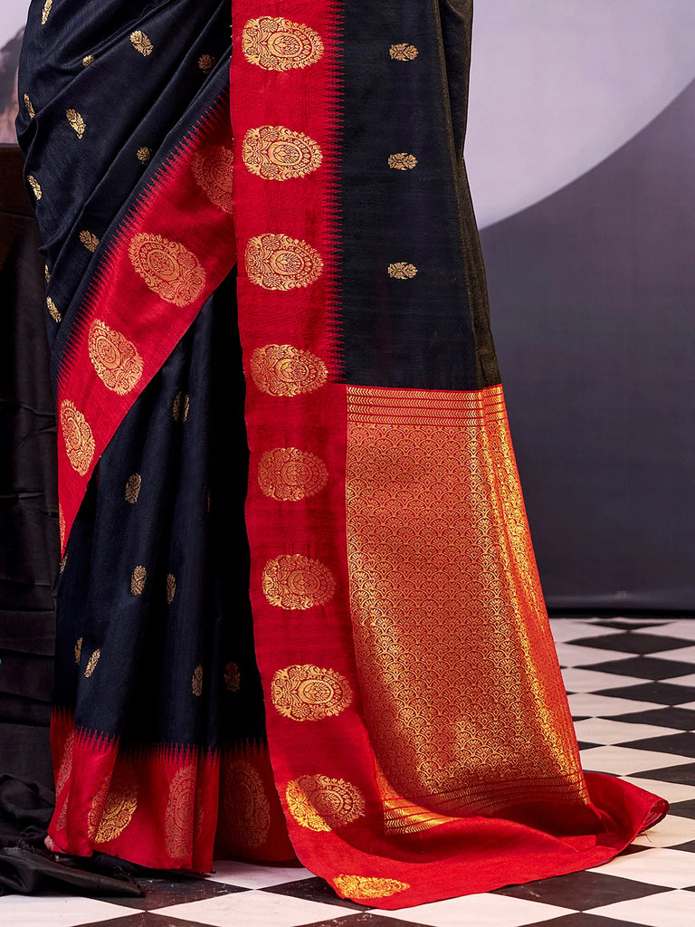 Delicate Black Zari Weaving Cotton Evening Wear Saree With Blouse