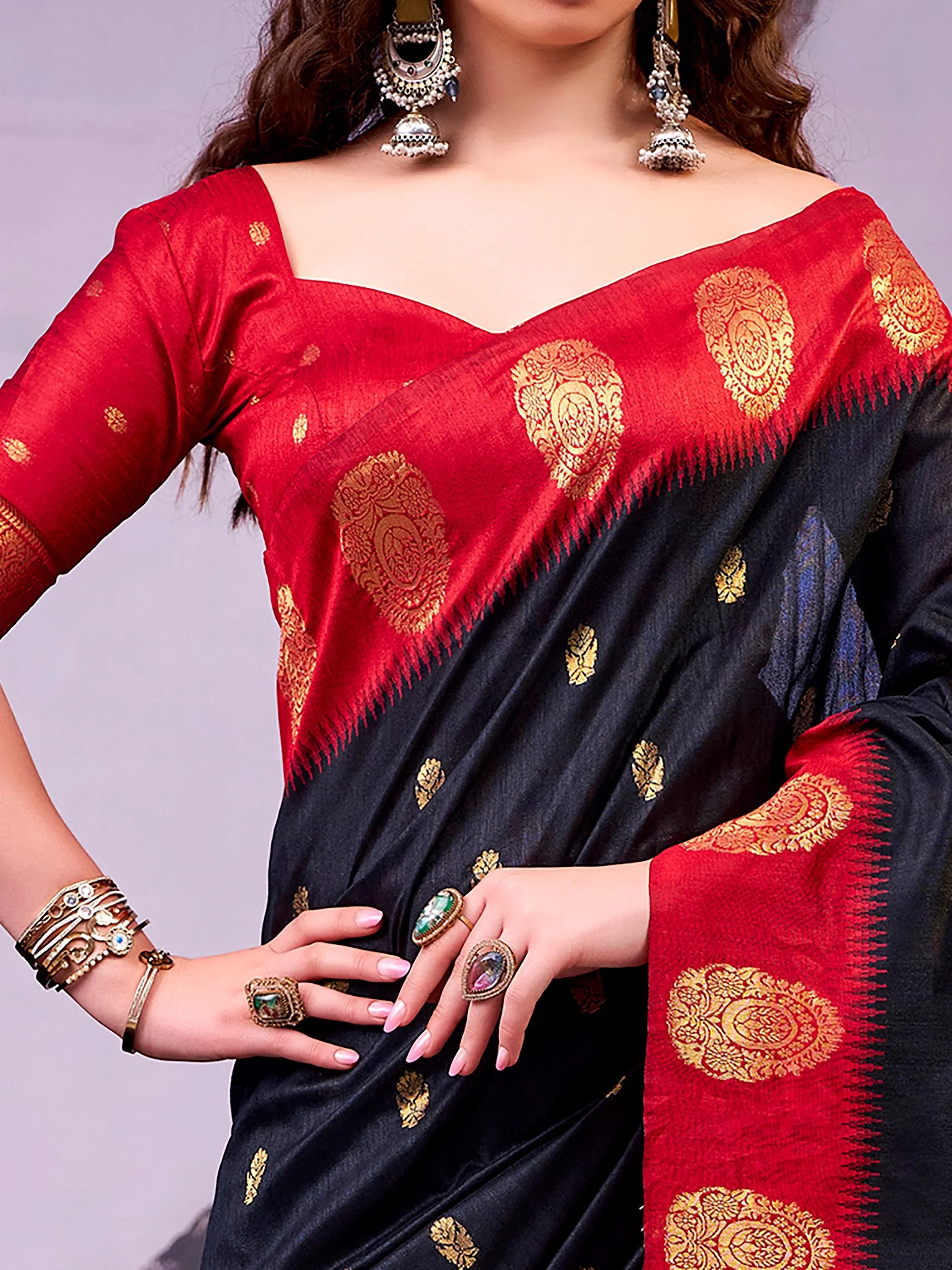 Delicate Black Zari Weaving Cotton Evening Wear Saree With Blouse