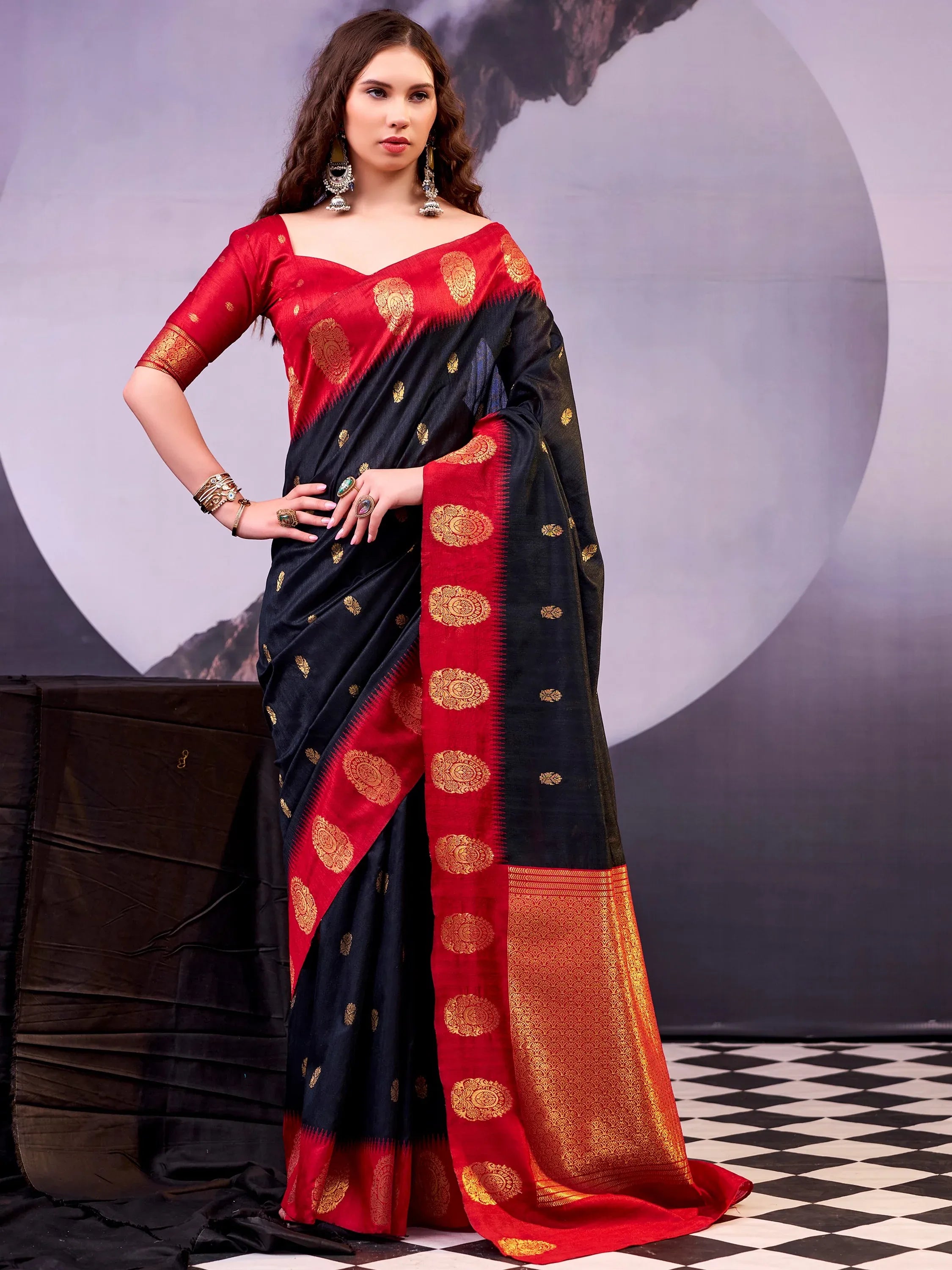 Delicate Black Zari Weaving Cotton Evening Wear Saree With Blouse