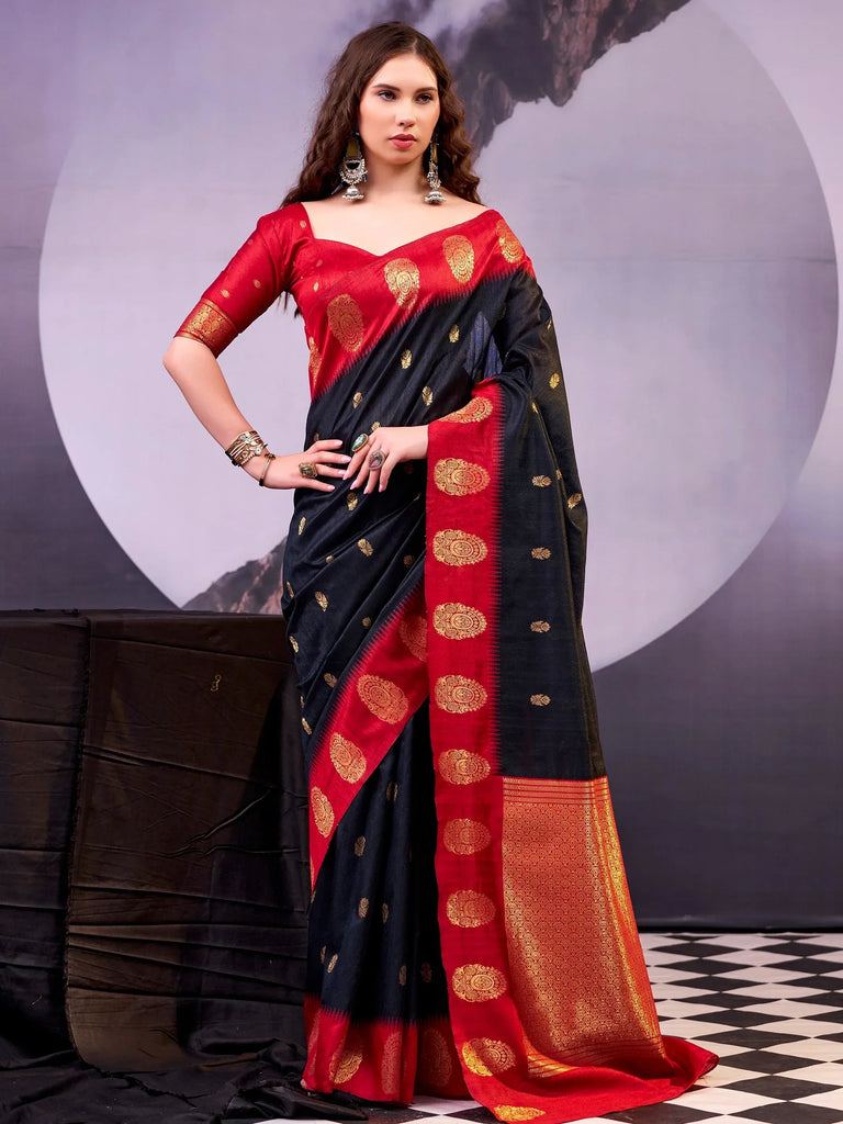 Delicate Black Zari Weaving Cotton Evening Wear Saree With Blouse