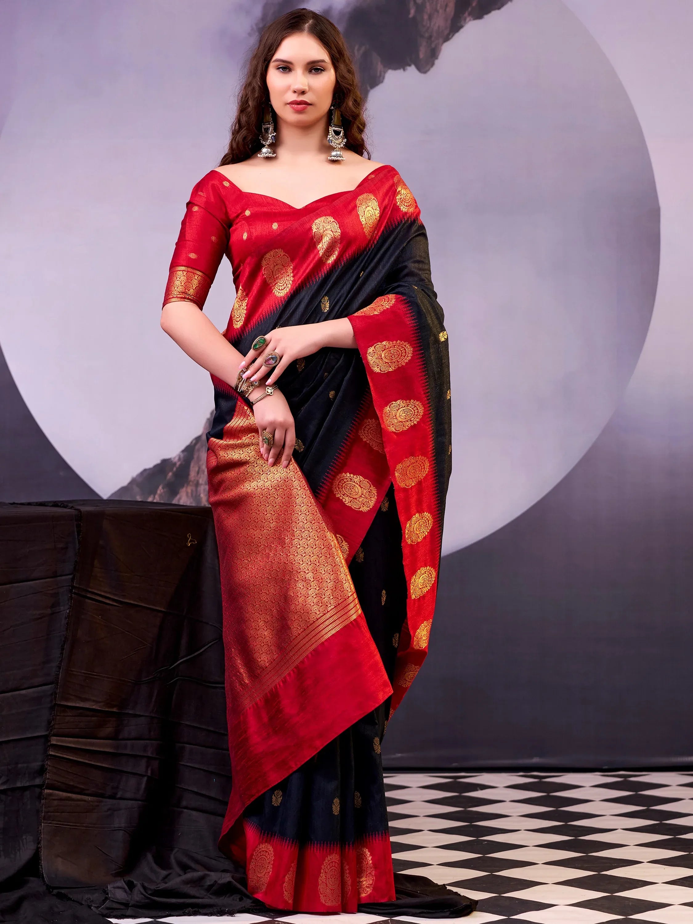 Delicate Black Zari Weaving Cotton Evening Wear Saree With Blouse