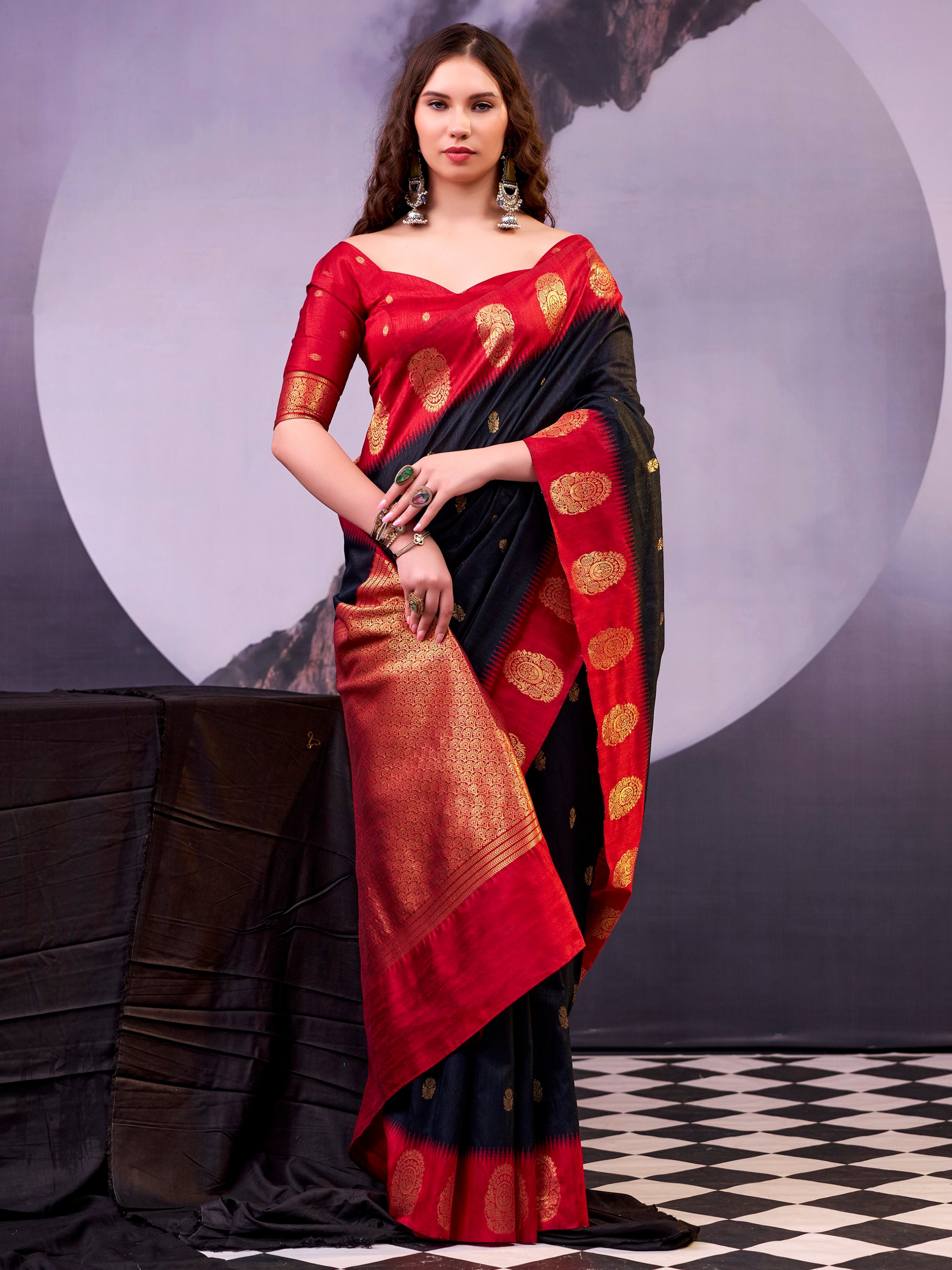 Delicate Black Zari Weaving Cotton Evening Wear Saree With Blouse