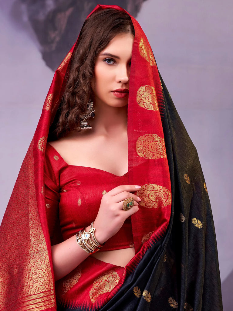 Delicate Black Zari Weaving Cotton Evening Wear Saree With Blouse