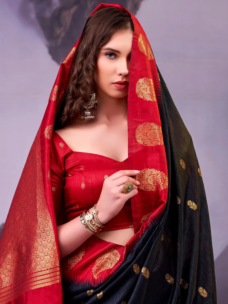 Delicate Black Zari Weaving Cotton Evening Wear Saree With Blouse