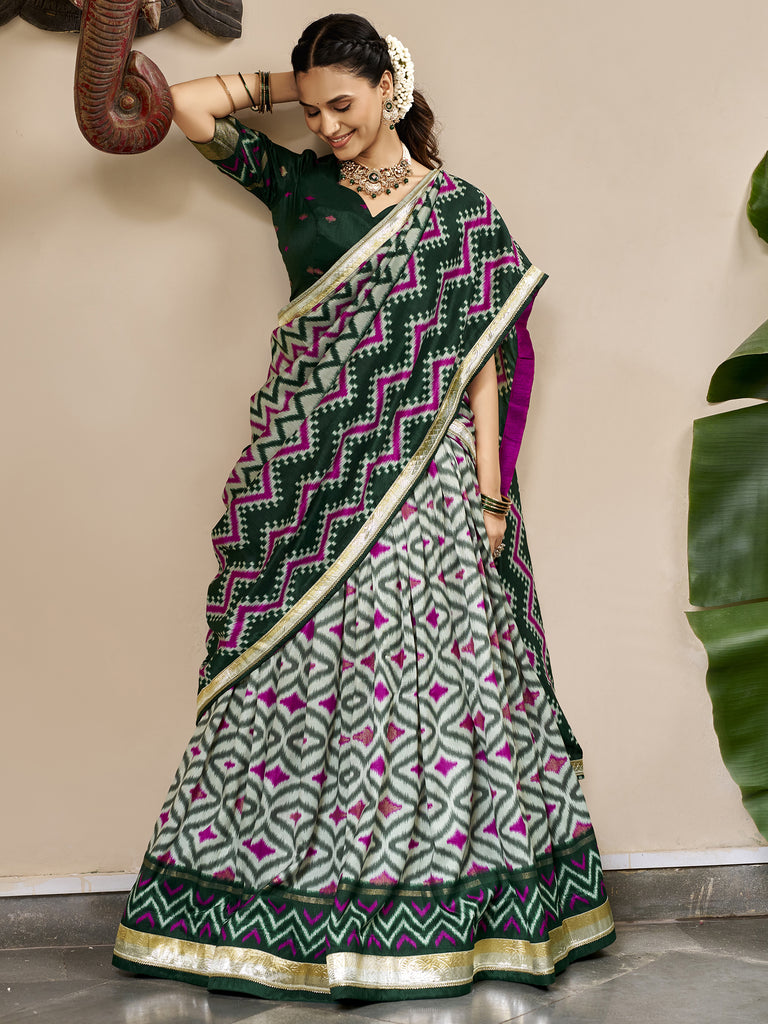 Noteworthy Green Ikkat Printed Silk Mehendi Wear Lehenga Choli