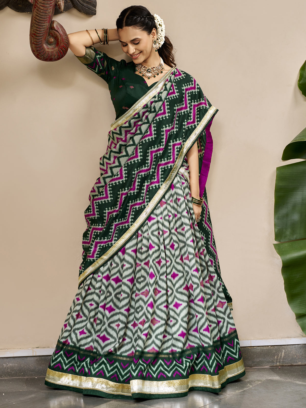 Noteworthy Green Ikkat Printed Silk Mehendi Wear Lehenga Choli