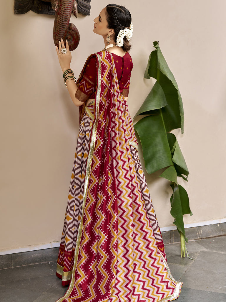 Awesome Maroon Foil Printed Silk Wedding Wear Lehenga Choli With Dupatta