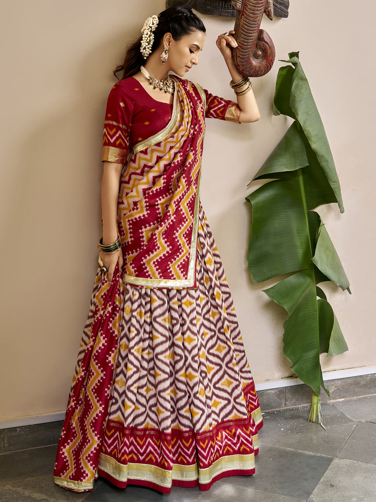 Awesome Maroon Foil Printed Silk Wedding Wear Lehenga Choli With Dupatta