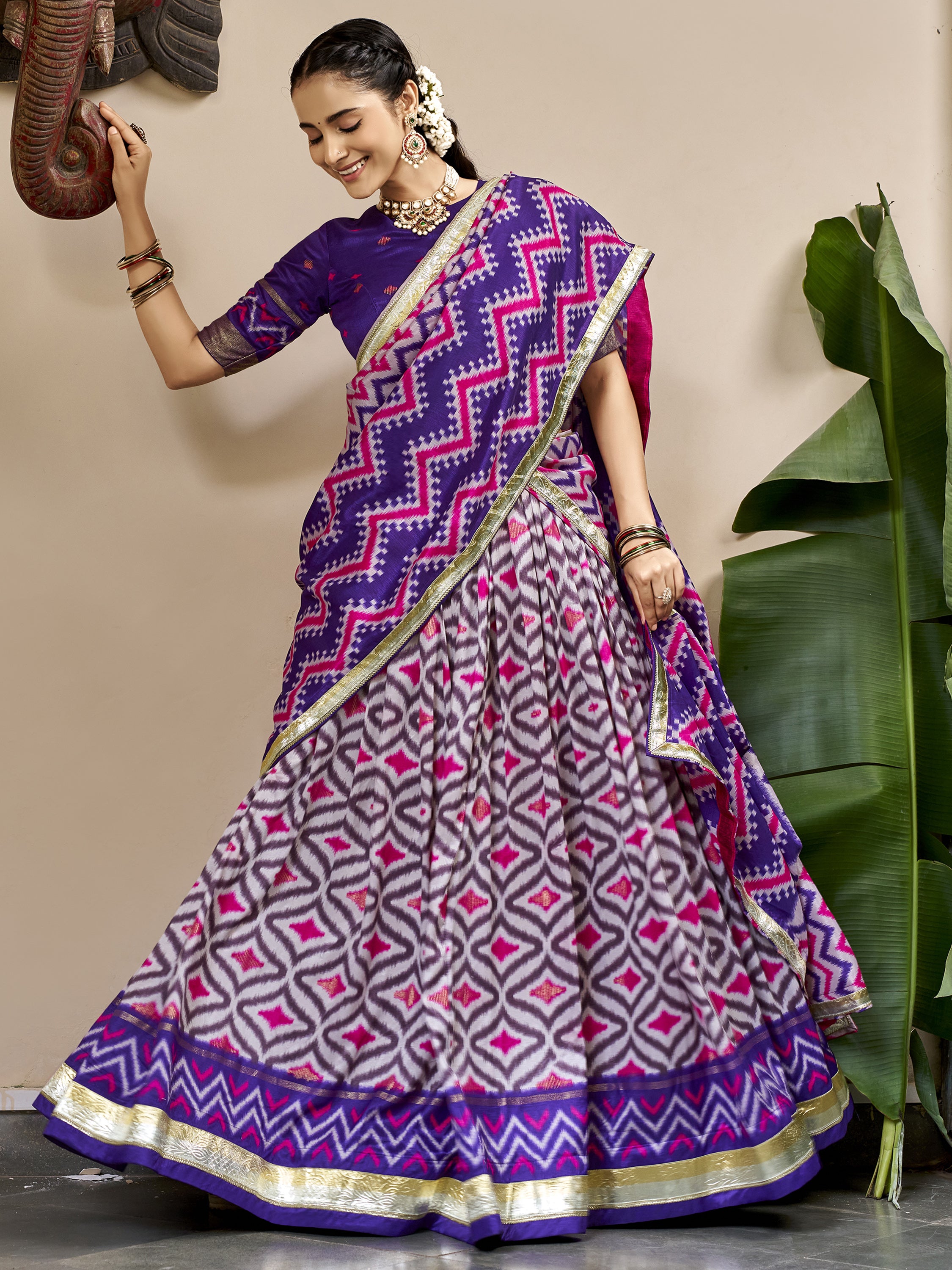 Incredible Purple Foil Printed Silk Festive Wear Lehenga With Blouse