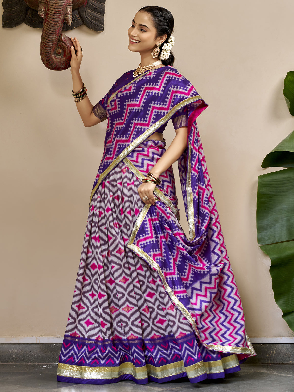 Incredible Purple Foil Printed Silk Festive Wear Lehenga With Blouse