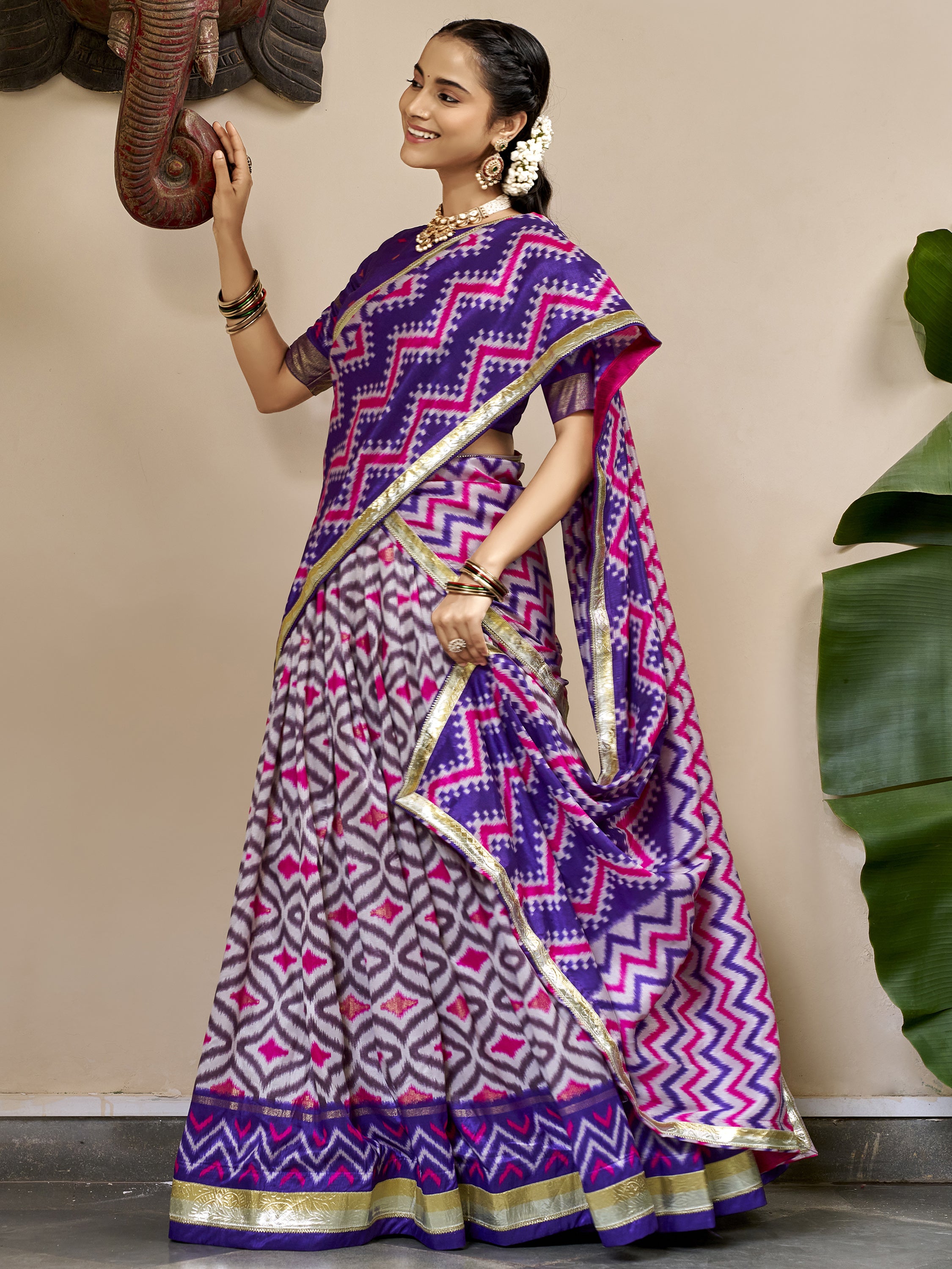 Incredible Purple Foil Printed Silk Festive Wear Lehenga With Blouse