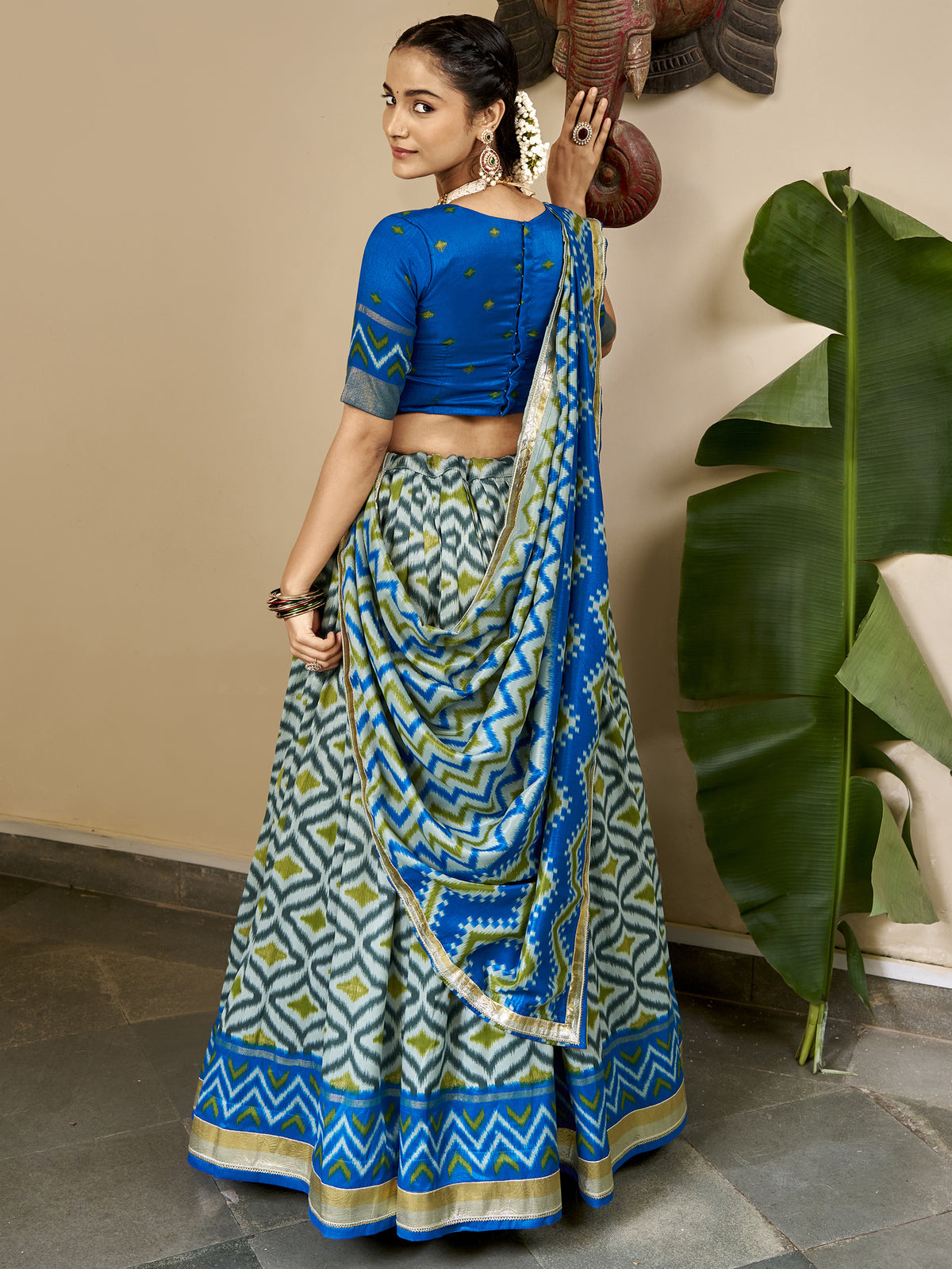 Captivating Sky Blue Ikkat Printed Silk Event Wear Lehenga Choli