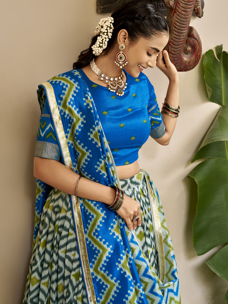 Captivating Sky Blue Ikkat Printed Silk Event Wear Lehenga Choli