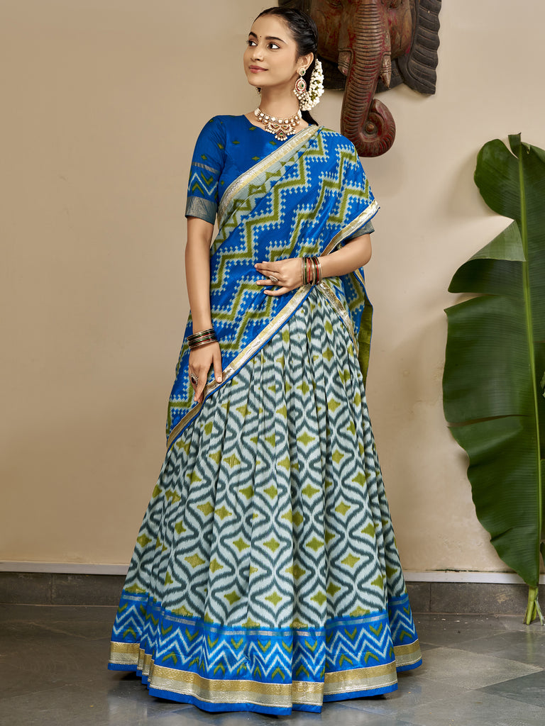 Captivating Sky Blue Ikkat Printed Silk Event Wear Lehenga Choli