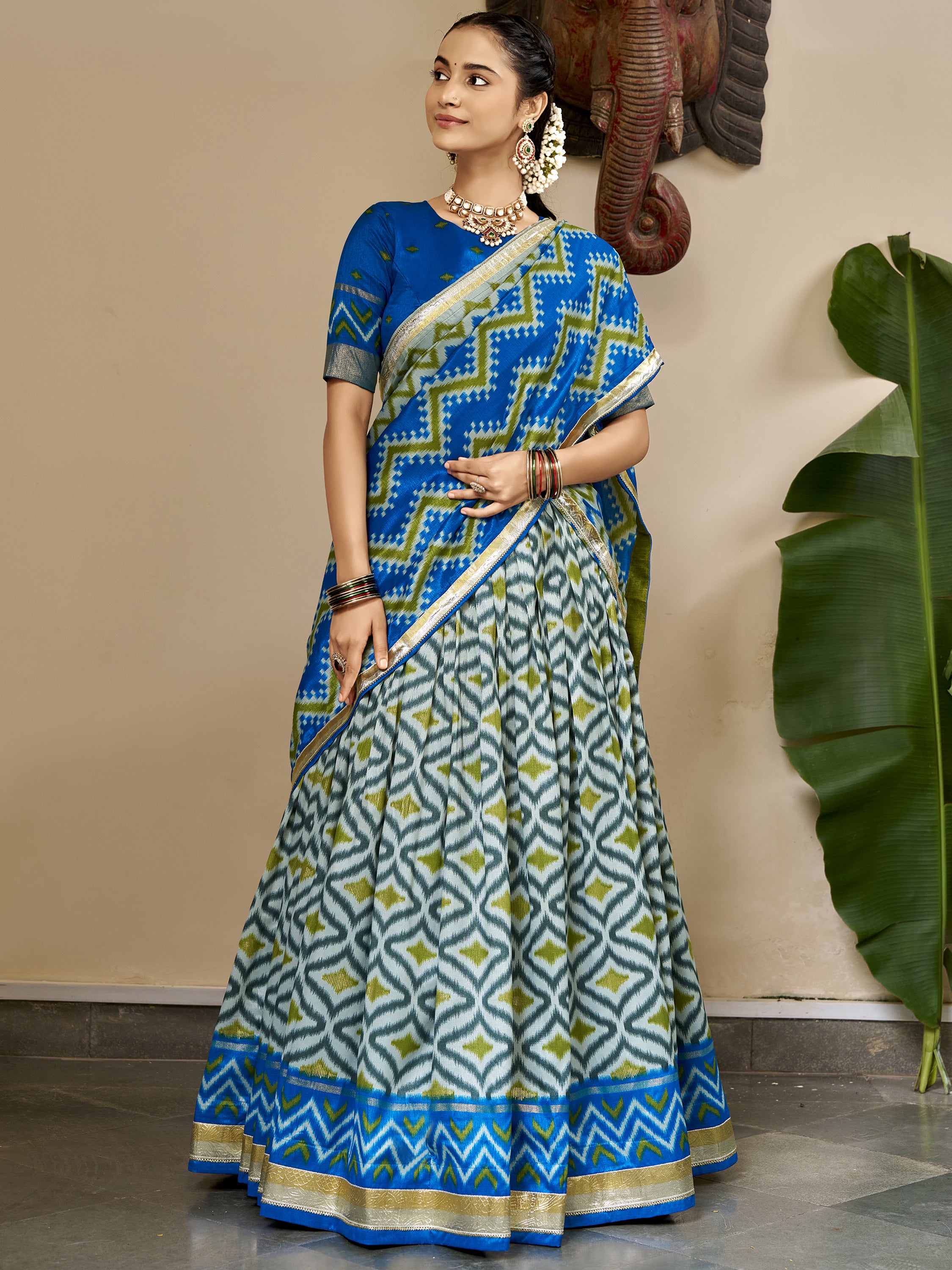Captivating Sky Blue Ikkat Printed Silk Event Wear Lehenga Choli