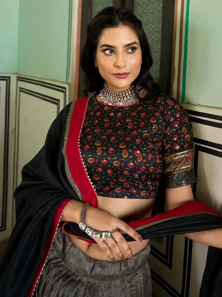 Attractive Grey Foil Printed Tussar Silk Traditional Lehenga Choli