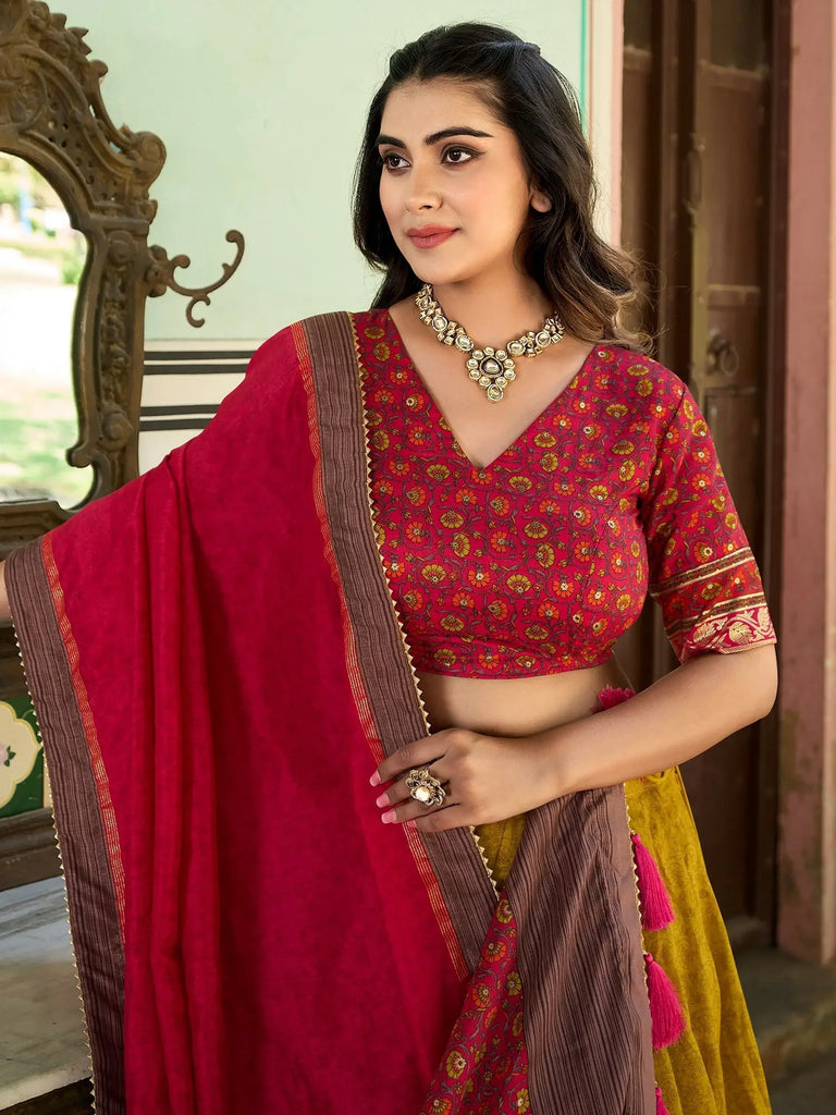 Adorable Mustard Yellow Foil Printed Silk Festival Wear Lehenga Choli