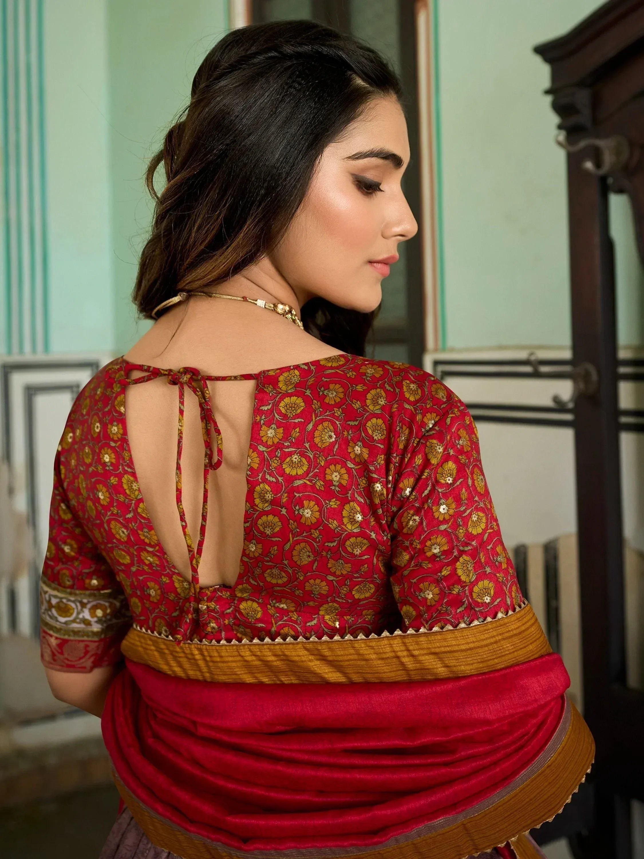 Red floral saree with gold border and back tie blouse, Indian ethnic wear