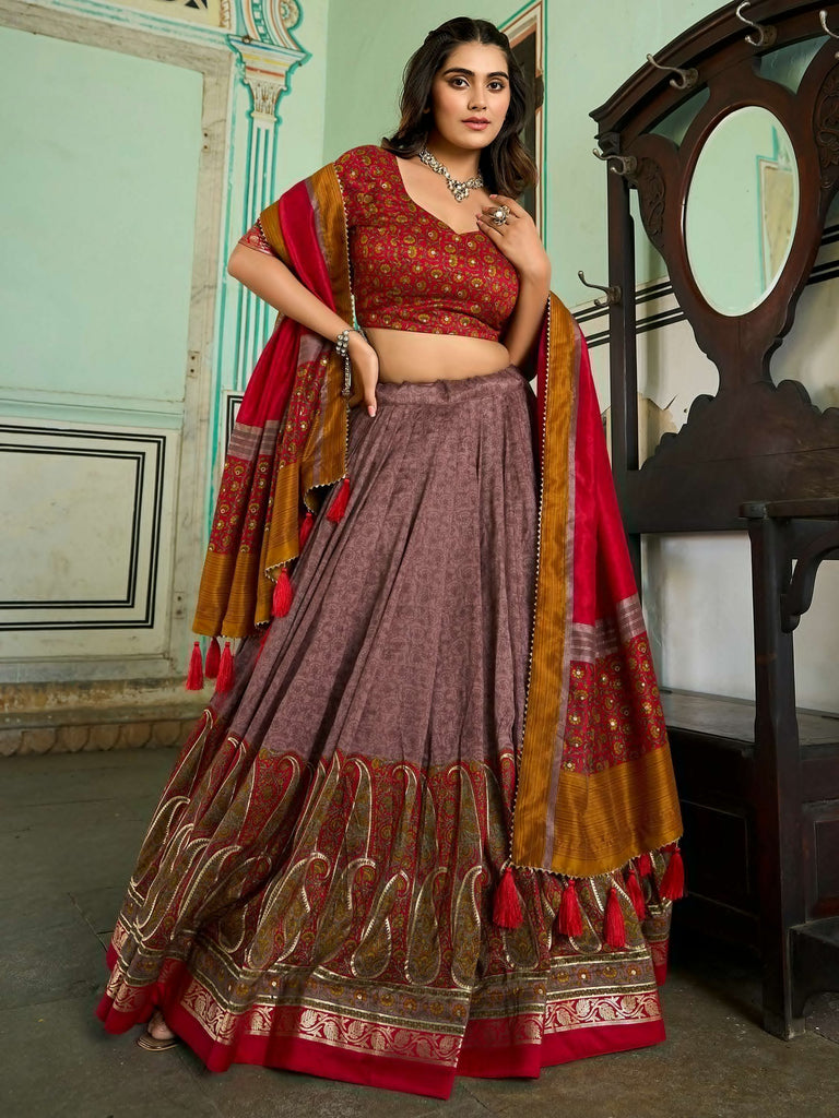 Lovable Dusty Purple Foil Printed Silk Function Wear Lehenga Choli